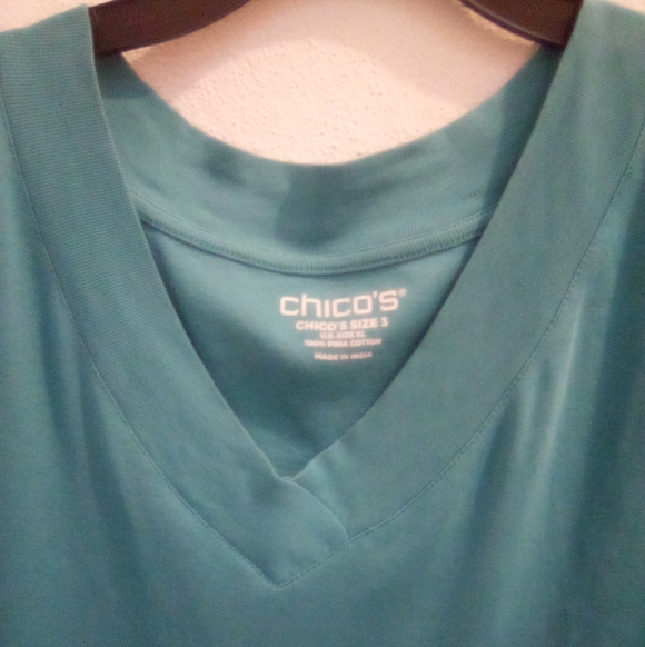 Chico's Teal 3/4 Sleeve V-Neck Top 100% Pima Cotton Size 3 XL - Picture 3 of 4